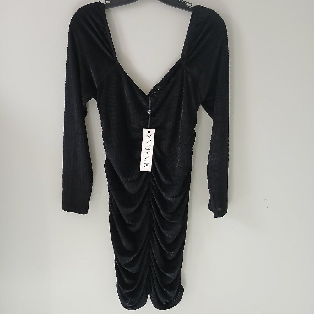 MinkPink Dress Ruched Chaima Mini‎ Dress Black Long Sleeve Size Large NWT